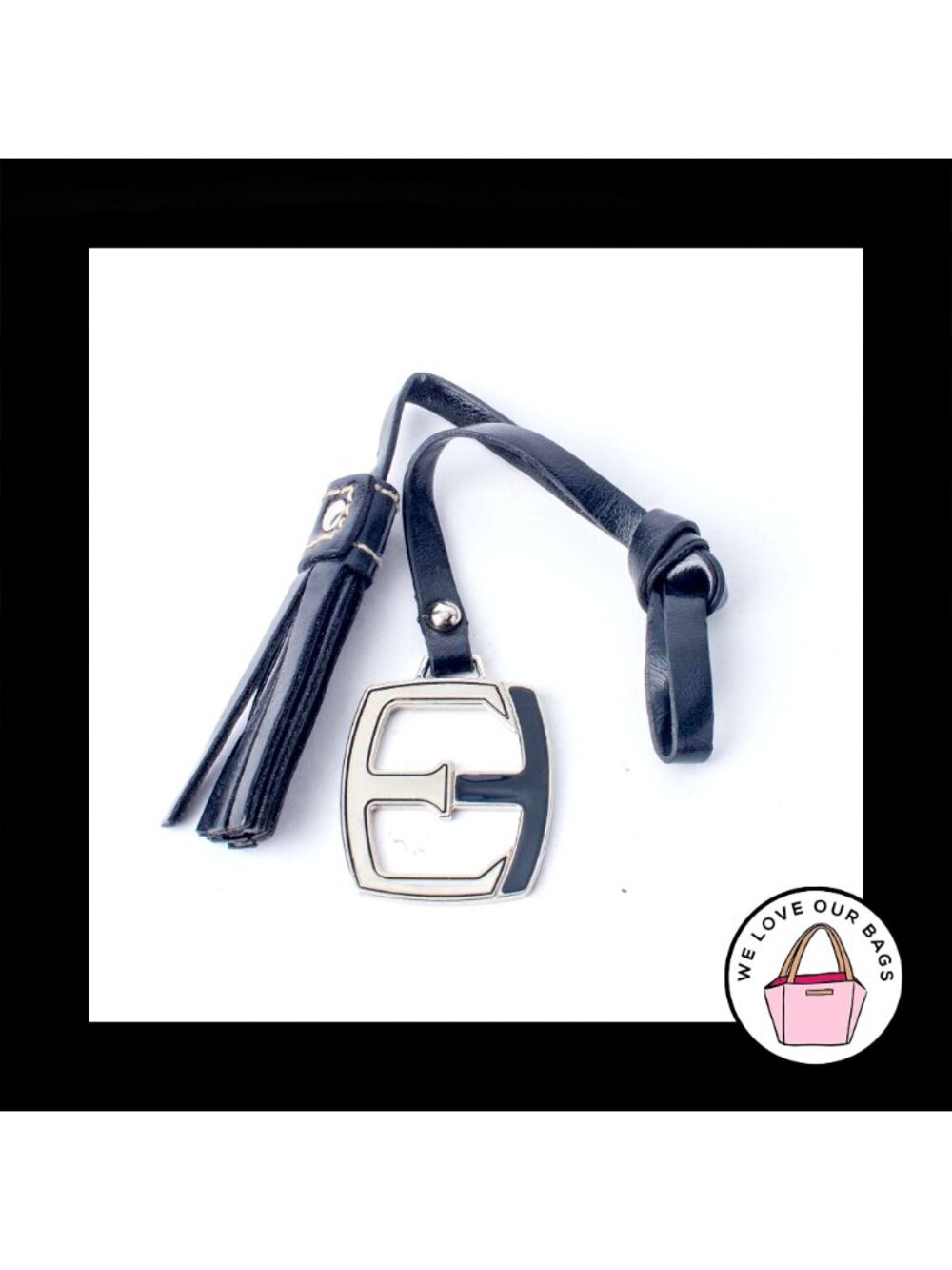ELLEN TRACY Black Leather TASSEL Strap Nickel Fob Bag Charm Keychain Hang Tag - Picture 2 of 2